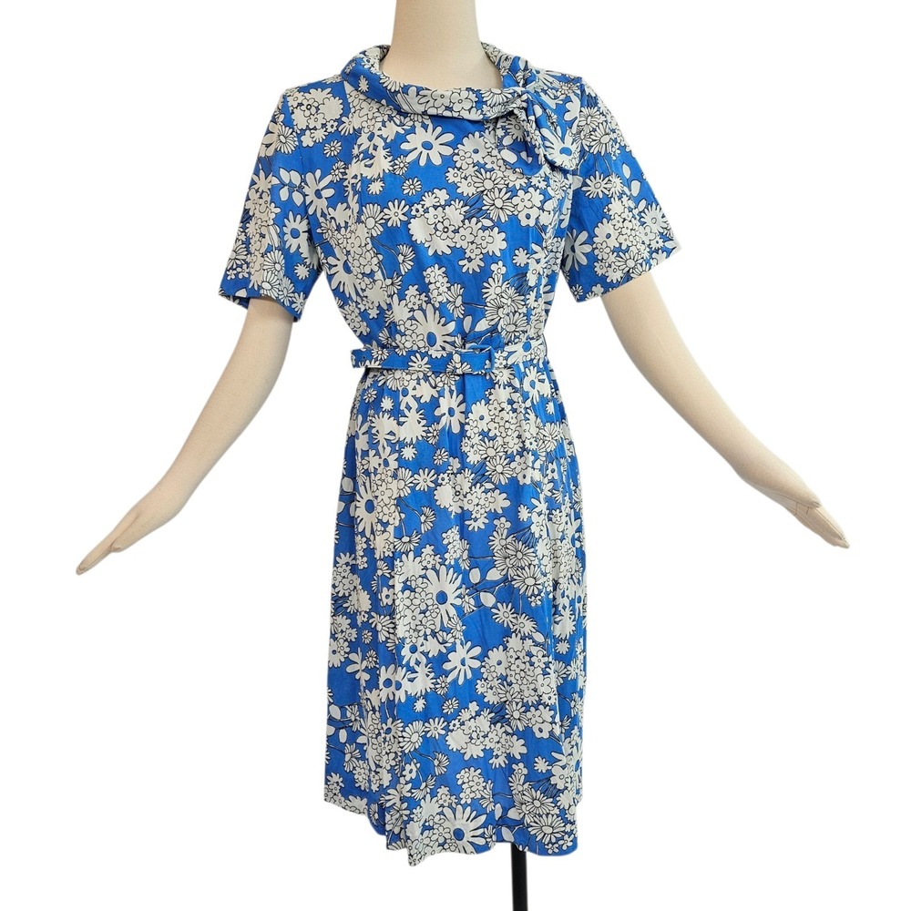 Vintage 1960's Dress Matching Belt Blue Black Floral Casualmaker Secretary Fairy